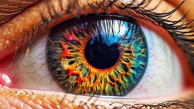Imagem macro de um olho azul hipnotizante com uma íris amarela e laranja vibrante
