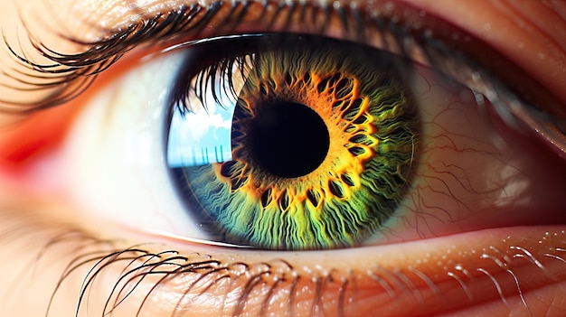 Foto imagem macro de um olho azul hipnotizante com uma íris amarela e laranja vibrante