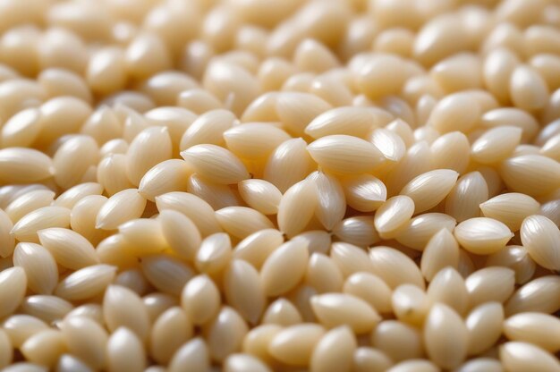 Imagem macro em close-up de fundo de grão de arroz em quadro completo Conceito de fundos de alimentos veganos naturais e estilo para texturas de design e papel de parede Espaço de cópia