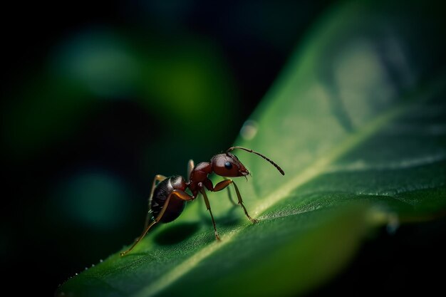 Imagem macro mostrando detalhes intrincados de uma formiga em uma folha verde