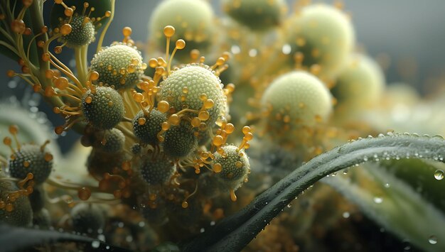 Imagem macro revelando detalhes do pólen das plantas em uma perspectiva de close-up