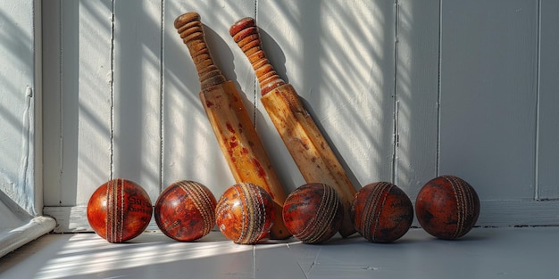Foto imagem mal-humorada de tacos de críquete e bolas em um fundo branco iluminação dramática