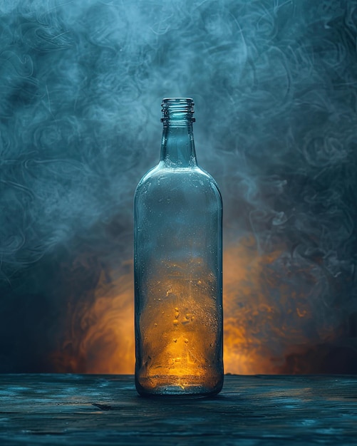 Imagem mal-humorada de uma garrafa de vidro cheia de uma bebida de recuperação pós-treino com iluminação escura e atmosférica