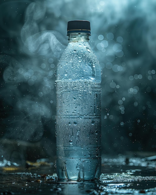Imagem mal-humorada de uma garrafa de vidro cheia de uma bebida de recuperação pós-treino com iluminação escura e atmosférica