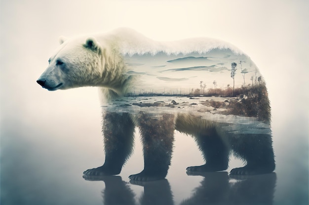 Foto imagem maravilhosa mostrada pelo urso polar sofre com as mudanças climáticas em dupla exposição