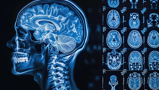 Imagem médica de raios-X de uma cabeça humana com o cérebro O conceito de diagnóstico e neurologia