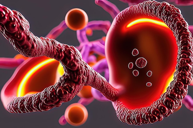 Foto imagem microscópica clínica 3d de glóbulos vermelhos movendo-se para células plasmáticas