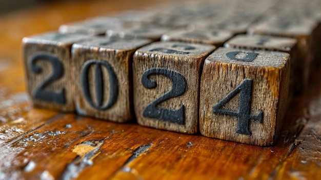 Foto imagem minimalista de cubos de madeira sobre os quais os números 2024