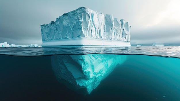 Imagem minimalista de um iceberg no oceano com uma vista sob e acima da água com uma cópia
