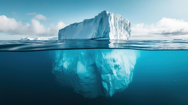 Imagem minimalista de um iceberg no oceano com uma vista sob e acima da água com uma cópia