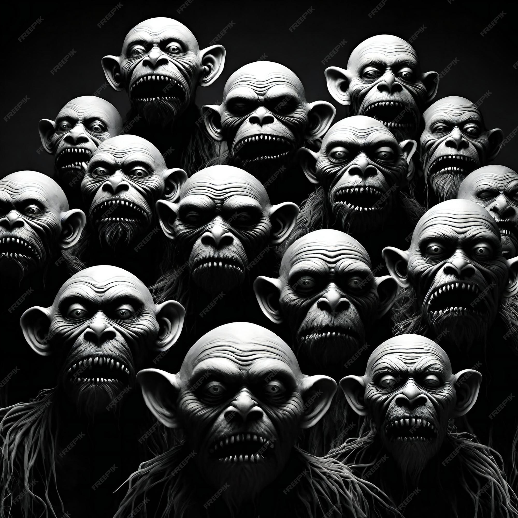 Imagem monocromática de um grupo de rostos assustadores em um fundo escuro