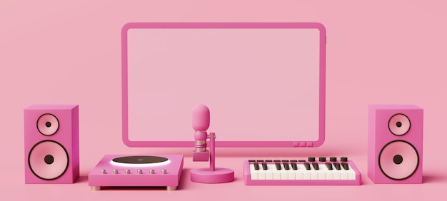 Imagem monocromática rosa de um estúdio caseiro de produção musical minimalista