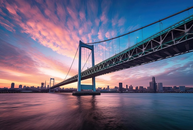 imagem mostrando uma ponte em Tóquio ao pôr do sol no estilo de panorama