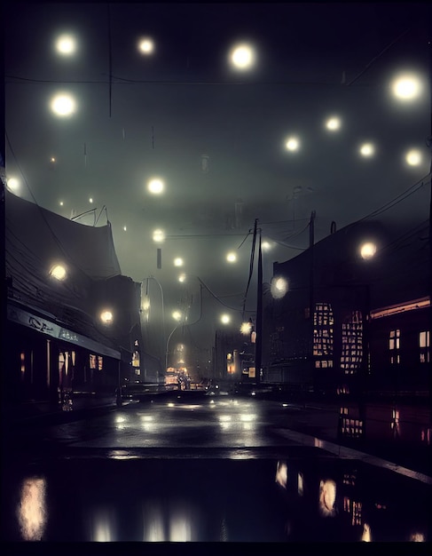 Imagem noturna de uma cena de rua da cidade com luz generativa ai