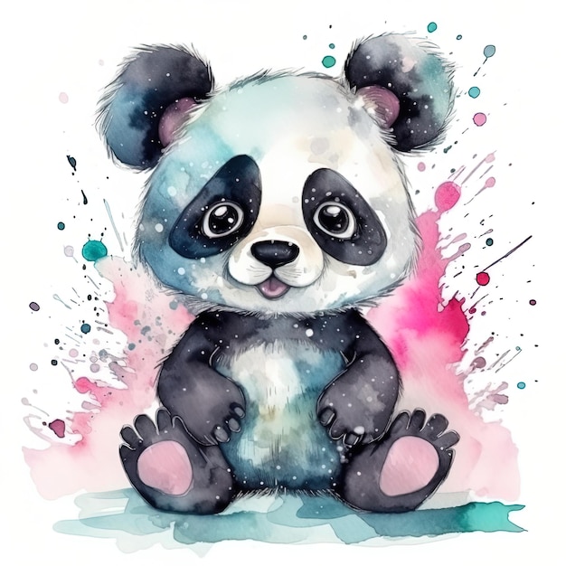 Imagem panda bonito dos desenhos animados em respingos rosa aquarela gerado ai