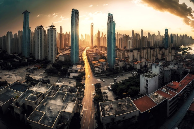 Imagem panorâmica da bela cidade chinesa moderna ao amanhecer do topo do telhado vista generativa ai