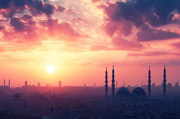 imagem panorâmica de um horizonte de uma cidade árabe no pôr-do-sol com minaretes em silhueta