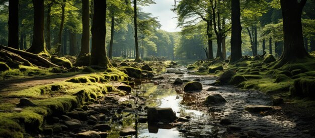 Imagem panorâmica de um rio florestal fluindo pela floresta
