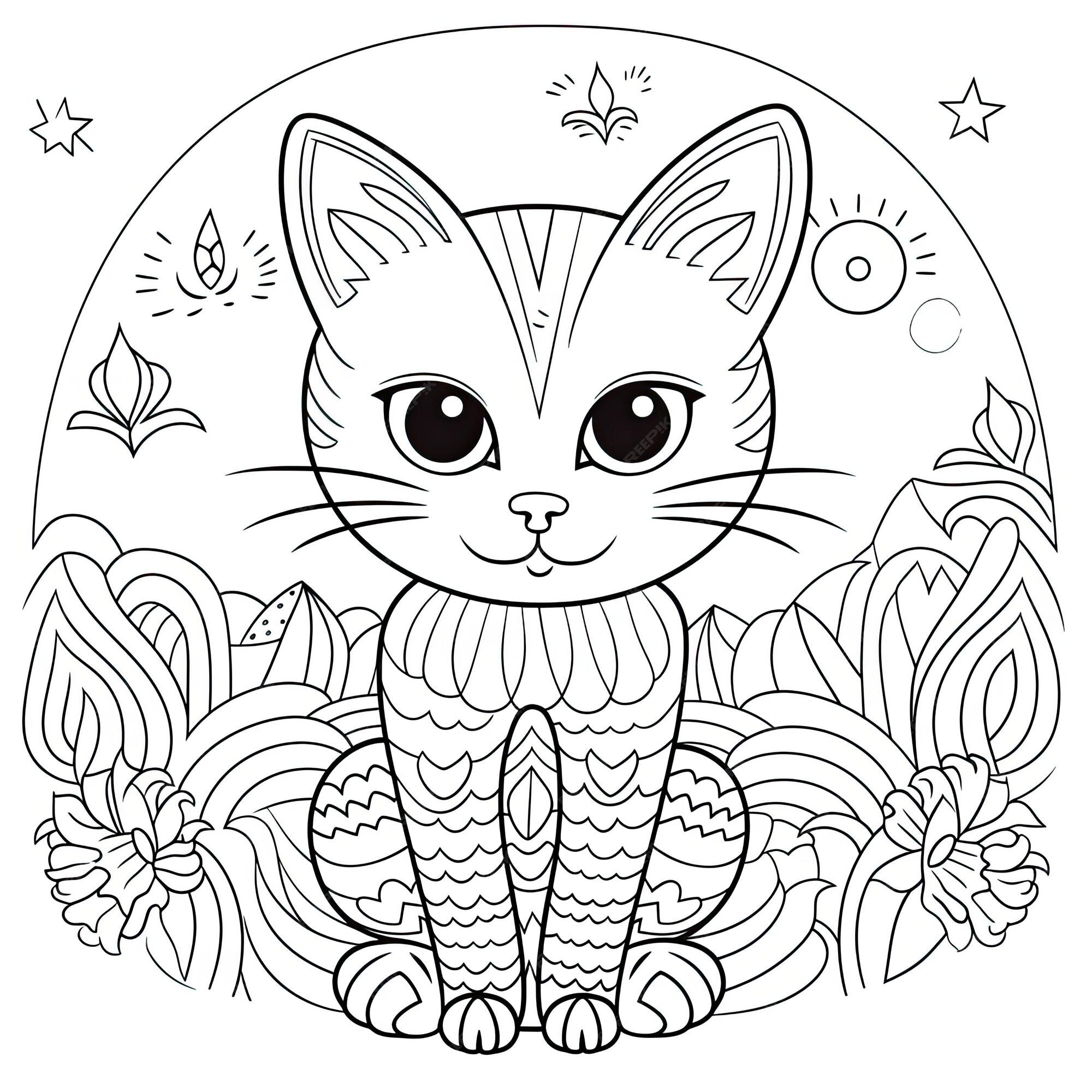 Desenho em preto e branco de um grupo de gatos para colorir e