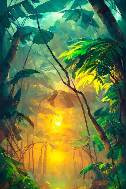 imagem pictórica da paisagem do crepúsculo na espessa selva tropical isolada
