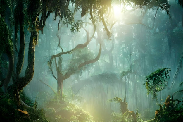 imagem pictórica da paisagem do crepúsculo na espessa selva tropical isolada