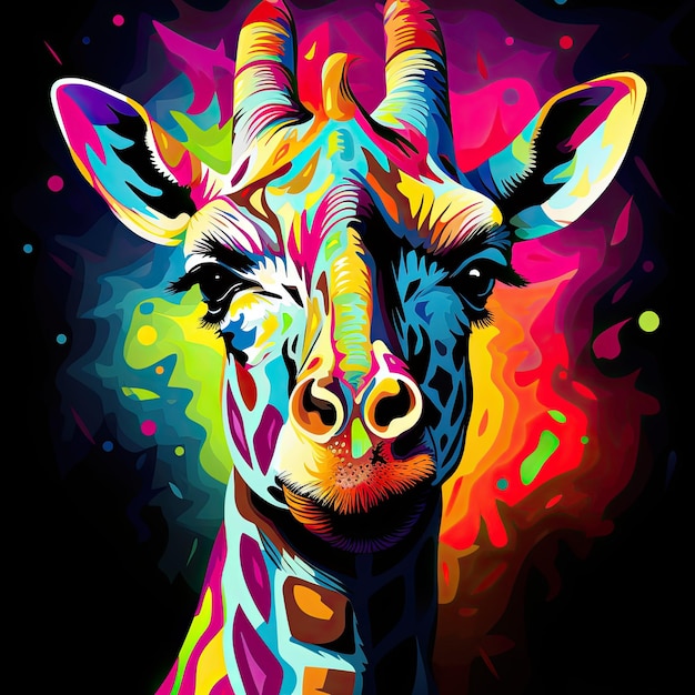 Imagem pingando colorida brilhante nas cores do arco-íris Girafa engraçada Closeup com um fóton de arco-íris