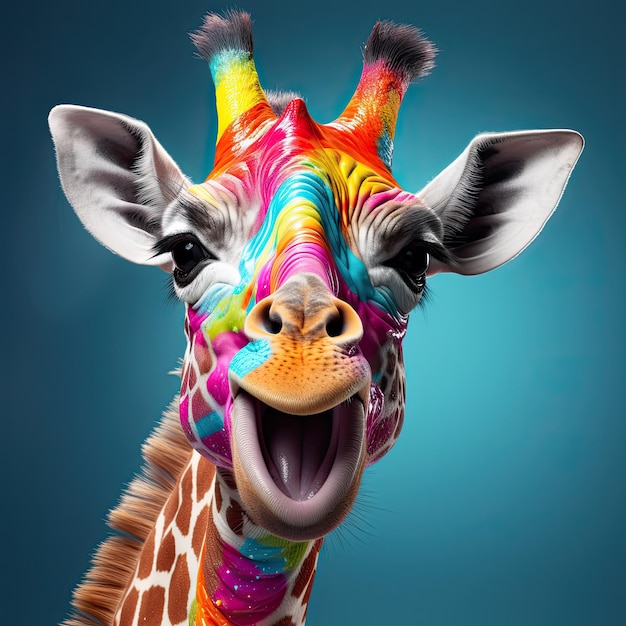 Imagem pingando colorida brilhante nas cores do arco-íris girafa engraçada closeup