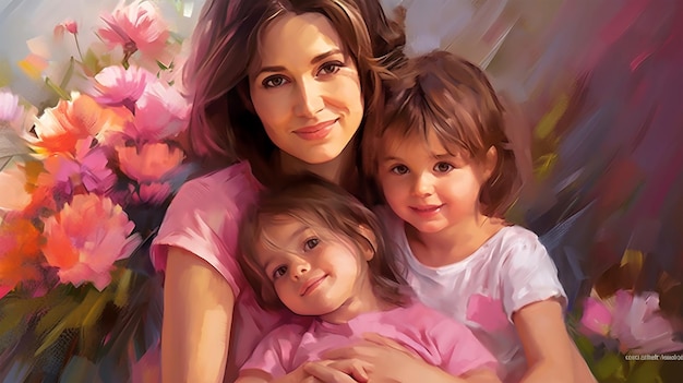 Imagem pintada de uma jovem mãe segurando seus filhos paternidade dia das mães Gerado AI