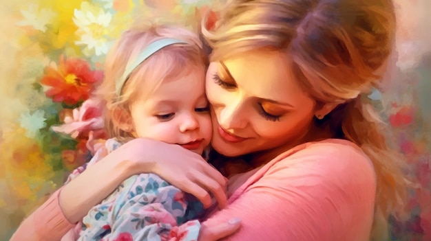 Imagem pintada de uma jovem mãe segurando sua filha nos braços paternidade dia das mães Gerado AI