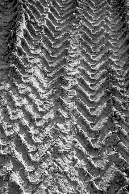 Foto imagem preto e branco de uma roda faixas na terra closeup.