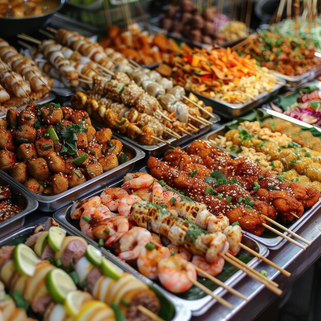 Imagem quadrada de uma variedade de comida de rua tailandesa