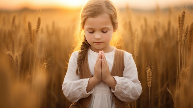 imagem que captura a essência da conexão espiritual de uma criança com a natureza uma menina com os olhos fechados em pé em um sereno campo de trigo com as mãos cruzadas em oração