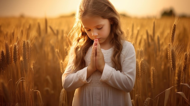imagem que captura a essência da conexão espiritual de uma criança com a natureza uma menina com os olhos fechados em pé em um sereno campo de trigo com as mãos cruzadas em oração