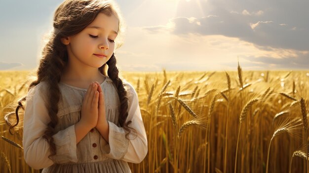 imagem que captura a essência da conexão espiritual de uma criança com a natureza uma menina com os olhos fechados em pé em um sereno campo de trigo com as mãos cruzadas em oração