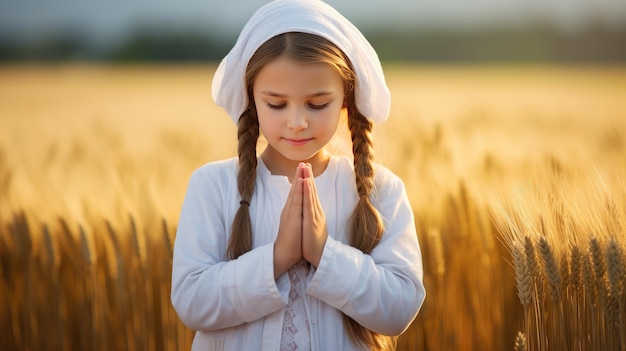 imagem que captura a essência da conexão espiritual de uma criança com a natureza uma menina com os olhos fechados em pé em um sereno campo de trigo com as mãos cruzadas em oração