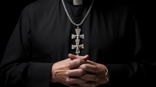 imagem que foca na visão parcial de um padre católico usando uma cruz de prata em um colar contra um impressionante fundo preto