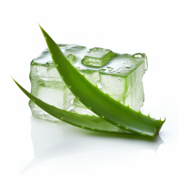 Imagem real de Aloe Vera em fundo branco com bloco de gelo