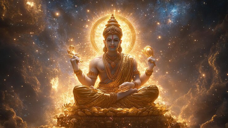Foto imagem real do senhor brahma sentado em um lótus segurando os vedas em uma de suas quatro mãos com uma aura dourada e um fundo cósmico de estrelas e galáxias