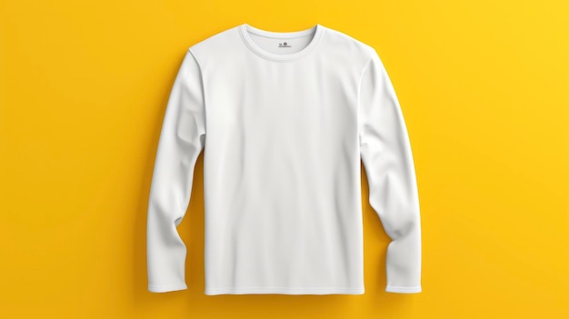 Imagem realista 3D de uma camiseta branca simples de mangas longas vista lateral em fundo amarelo
