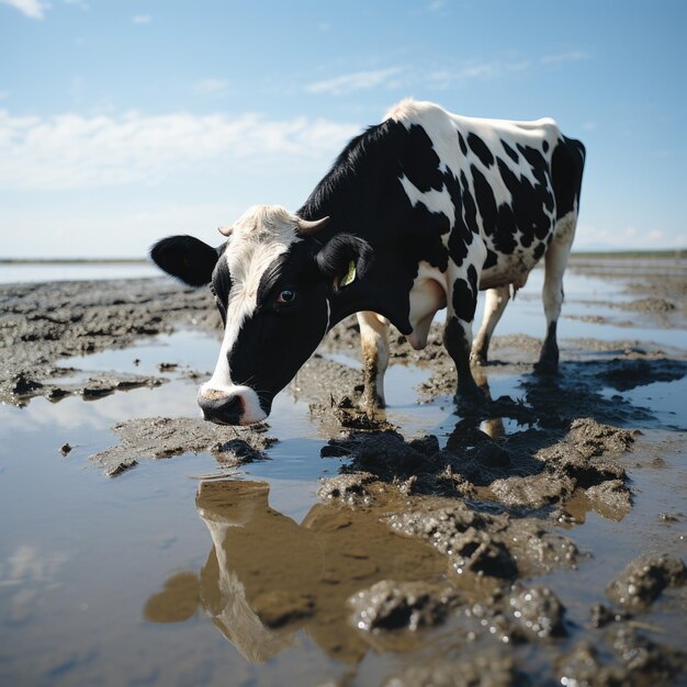 Imagem realista de um touro bebendo água na praia. Vaca preta e branca. IA generativa.