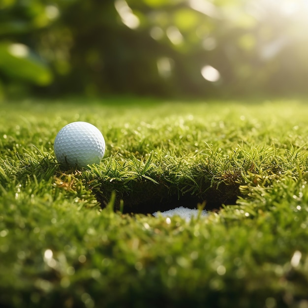 Imagem realista em 3D de uma bola de golfe em um terreno gramado perto do copo