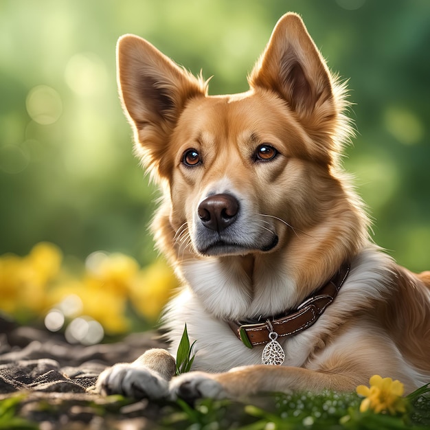 imagem realista fundo de natureza de cachorro amigável gerado por ferramentas de IA