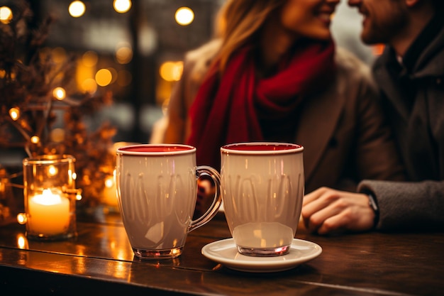 Imagem recortada de casal apaixonado bebendo chocolate quente em um café na véspera de Natal