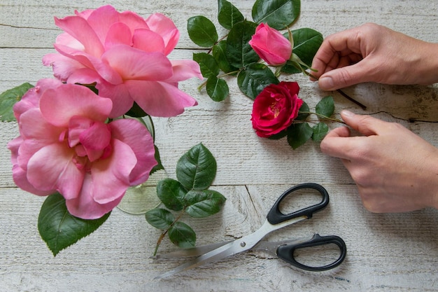 Imagem recortada de florista segurando uma rosa com flores na mesa