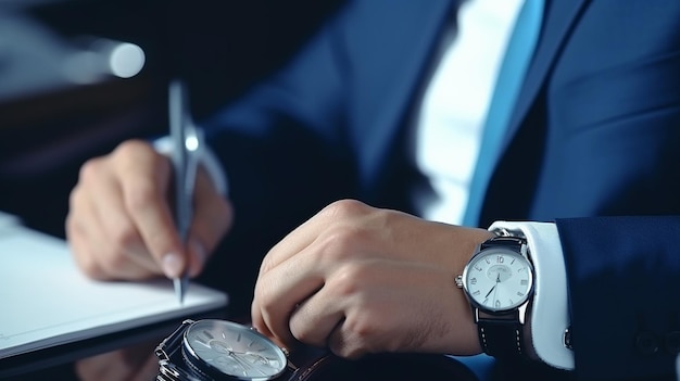 imagem recortada de homem de negócios em terno e gravata segurando um relógio nas mãos em fundo escuro