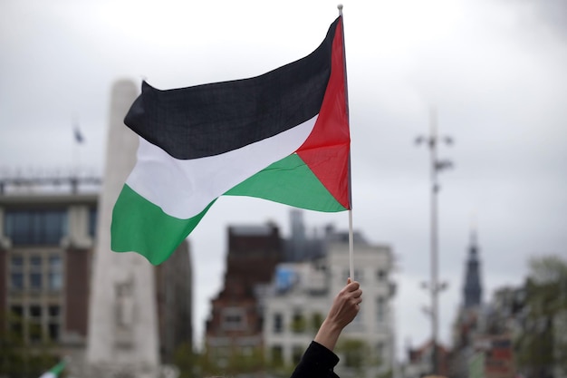 Imagem recortada de mão segurando bandeira contra o céu na cidade