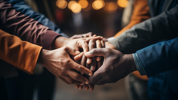 imagem recortada de pessoas diversas segurando as mãos em um círculo trabalho em equipe unidade amizade apoio apoio união