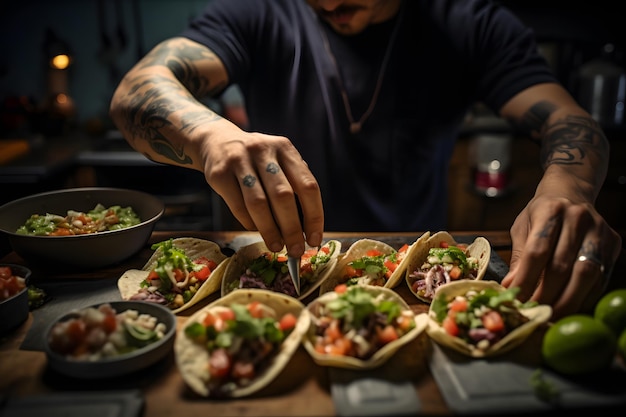 Imagem recortada de um chef irreconhecível preparando deliciosos tacos em uma cozinha