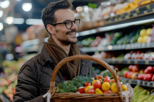 Imagem recortada de um homem bonito com uma cesta de mercado fazendo compras no supermercado