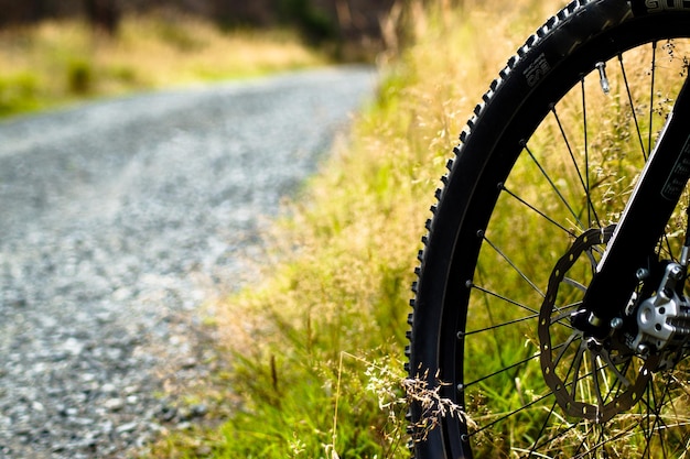 Imagem recortada de uma bicicleta estacionada em um campo gramado